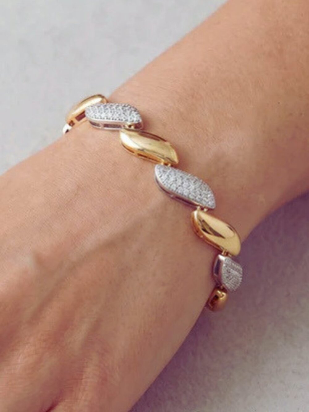 Two-Tone Pave Bean Shape Link 18K Gold Filled CZ Sparkle Bracelet New Luxe Line - Picture 2 of 7